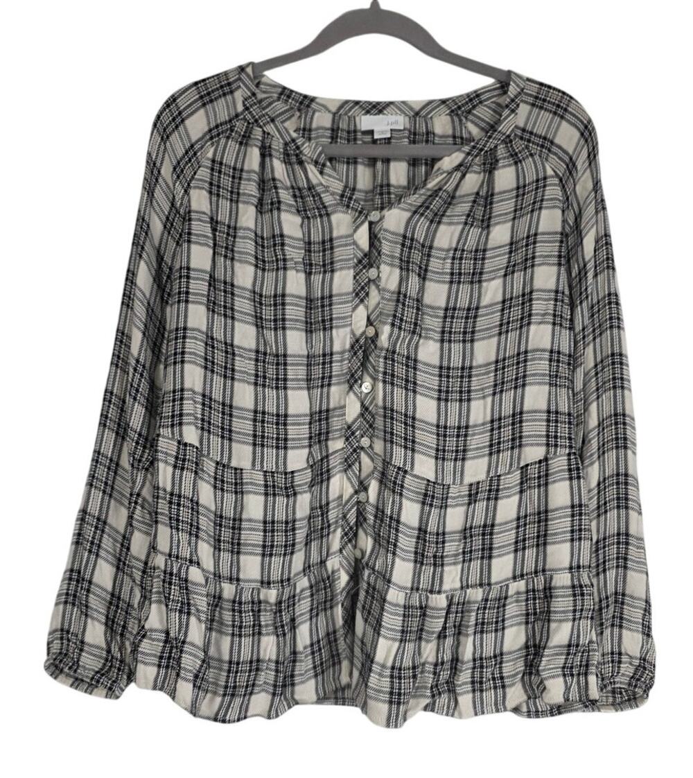 J.Jill Black Ecru Plaid Peplum Top Womens Small Petite Tiered Flowy Blouse Work